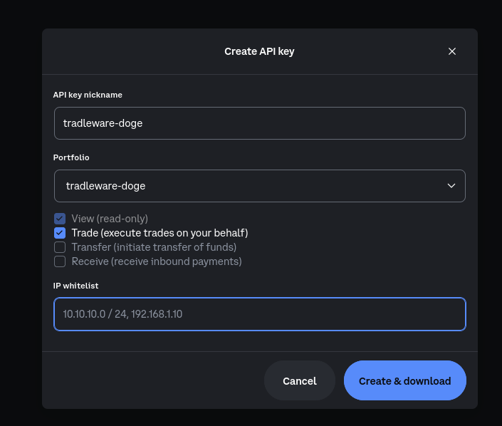 Coinbase API key generation step 2