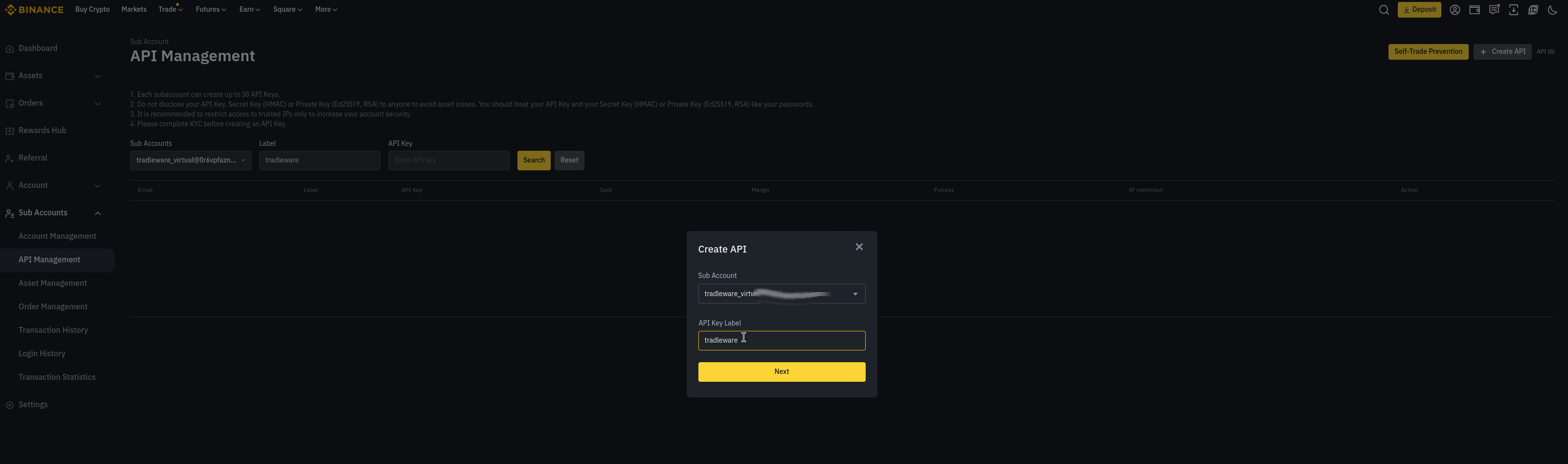 Binance — Create API key for sub-account