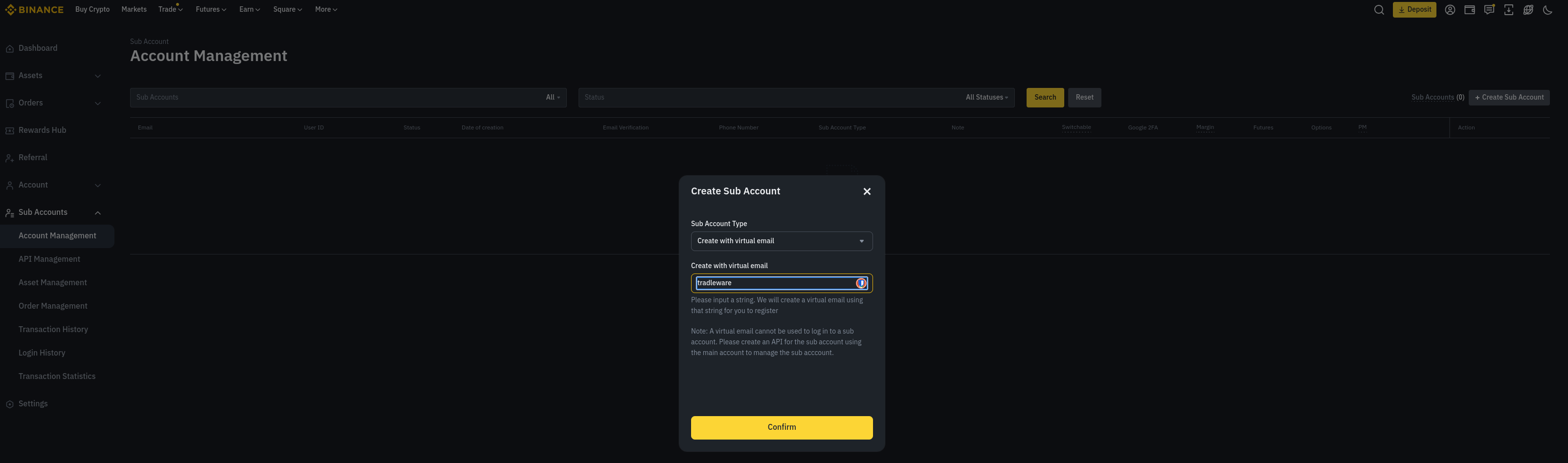 Binance — Create Sub Account with virtual email