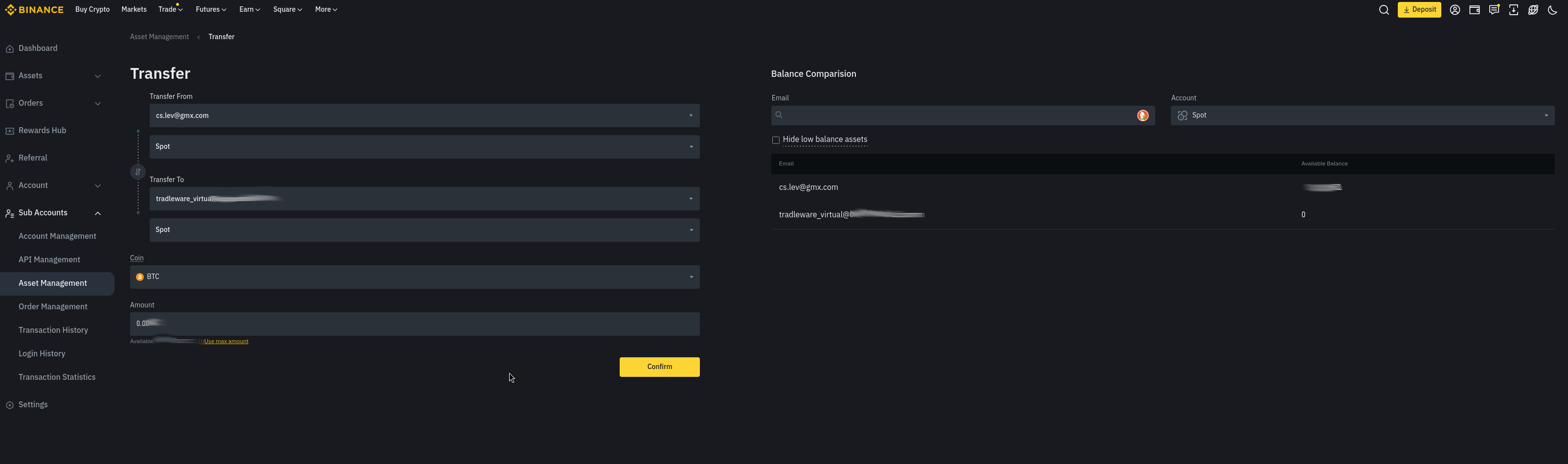 Binance — Transfer funds to sub-account Spot wallet