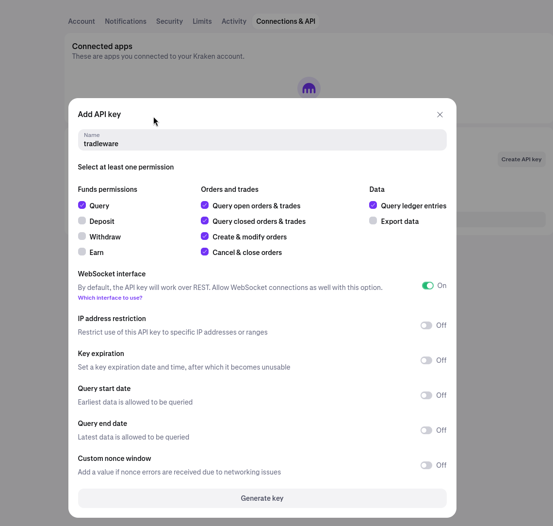 Kraken API key creation — correct permission set for Tradleware