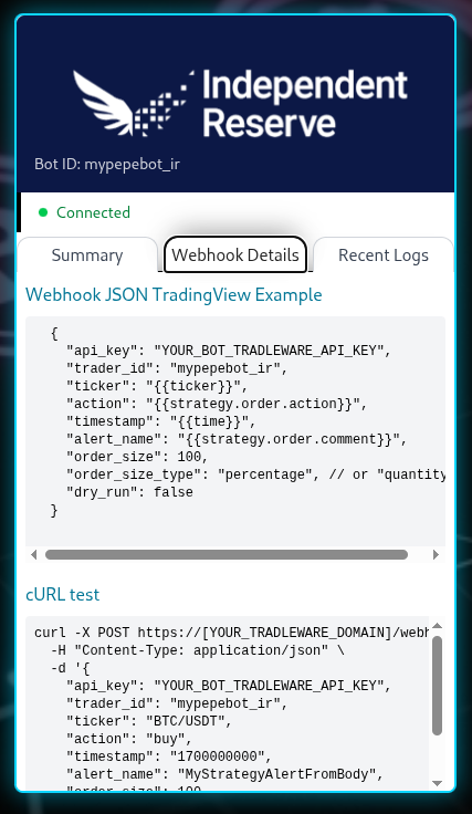 Webhook Details pane on a bot card